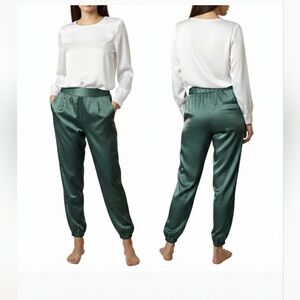 Maeve Satin Jogger Pants in Forest Green
